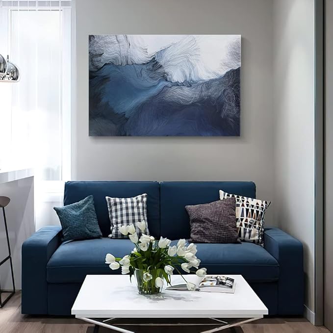 Canvas Wall Art Abstract Art Paintings Navy Blue Block and Line Graffiti is Like Running Water on White Background Modern Artwork Decor for Living Room Bedroom Kitchen 36x24in