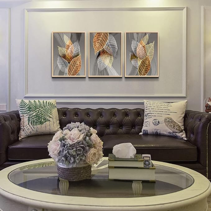 Natural Wood Framed Wall Art For Living Room Large Wall Decorations For Kitchen Bedroom Wall Decor Abstract Leaves Painting Inspirational Pictures Artwork Bathroom Home Decor of 3 Piece Art Prints