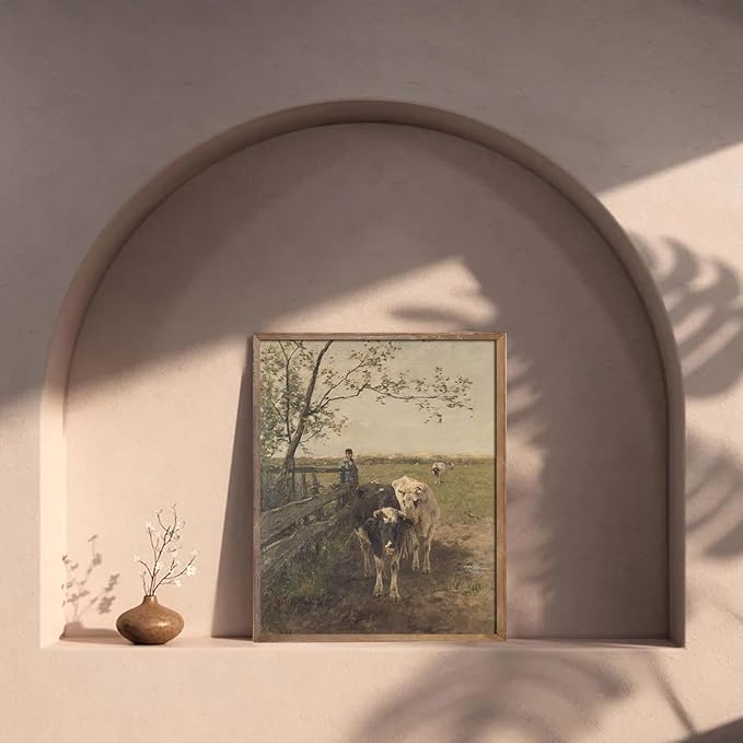 Kizbok Vintage Wall Art Print - Retro Rustic Country Spring Landscape Canvas Oil Painting, Antique Cow Farm Animal Poster for Vintage Room Decor, Cozy Bedroom & Bathroom Decor (8" x 10" - UNFRAMED)