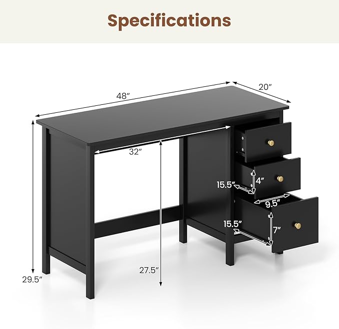 GOFLAME Computer Desk w/ 3 Drawers, 48" Wide Writing Desk with Storage, Laptop Study Desk w/Anti-tip Kit, Modern Home Office Desk, Wooden Workstation, Vanity Table for Study, Office,Black