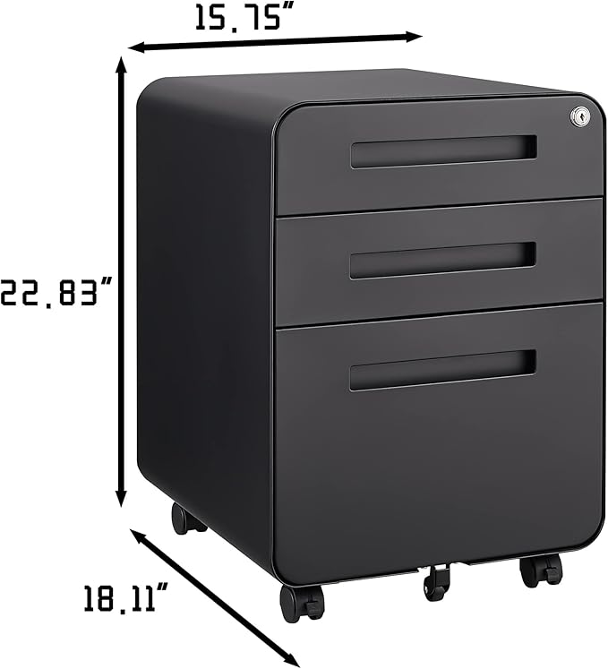3 Drawer Mobile File Cabinet with Lock, Under Desk Storage Filing Cabinet for Home Office, Small Rolling File Cabinet for Legal, Letter and A4 Files (Black2)