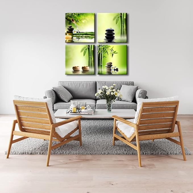 Pyradecor 4 Panel Perfect Bamboo Green Pictures Paintings on Canvas Prints Wall Art Large Modern Gallery Wrapped Zen Artwork for Living Room Bedroom Home Office Decorations 50x50cmx4pcs