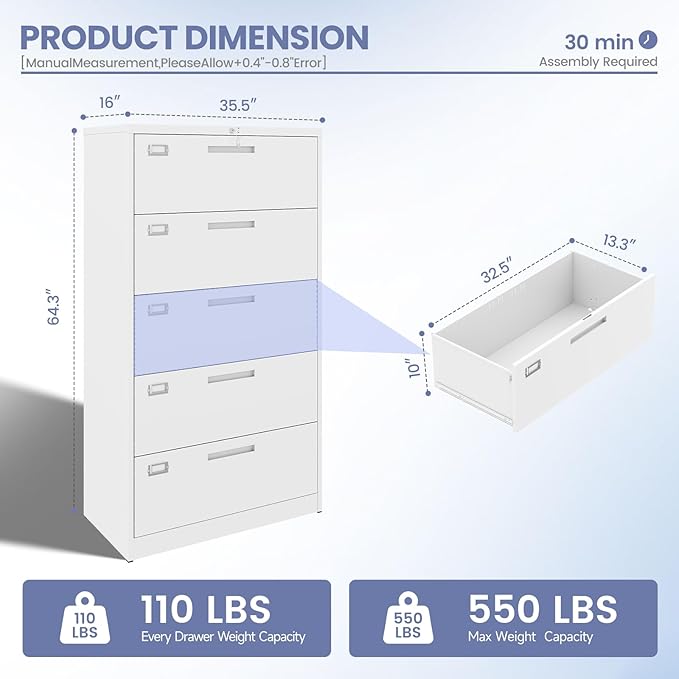 5 Drawer File Cabinet, White Metal Lateral File Cabinet with Lock, Office Filing Cabinet for Legal/Letter/A4/F4 Size with Hanging Files, Lockable File Cabinets for Home Office