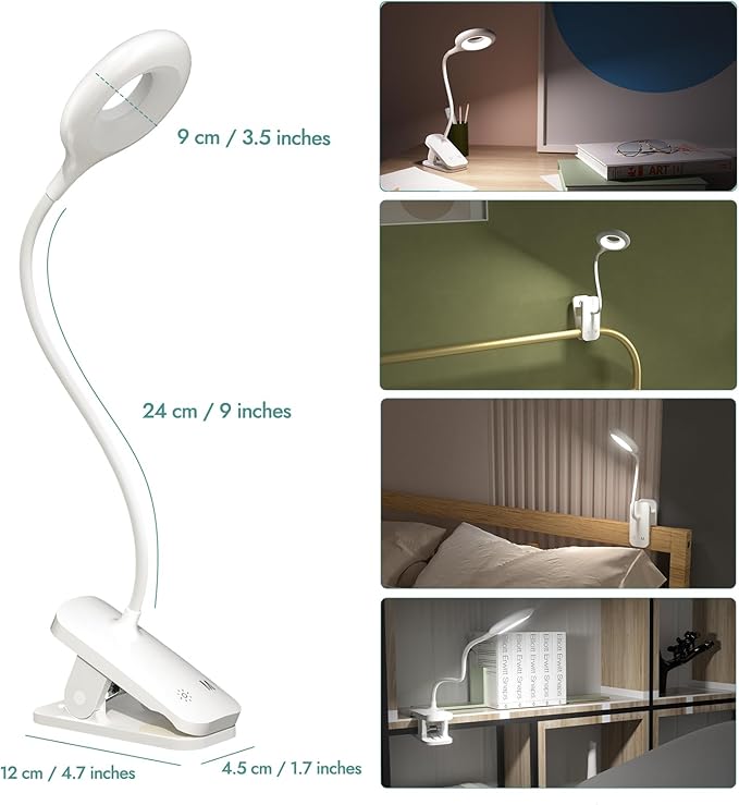CUHIOY 2Pack Clip on Reading Light, 5 Colors 5 Brightness Bed Light for Headboard, Battery Rechargeable Flexible Arm Table Lamp with Clamp, Eye Protect LED Book Light at Night for Crafting（White）