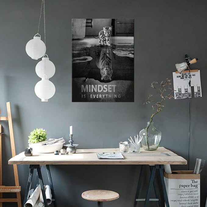 Motivational Wall Art Picture Modern Cat and Tiger Wall Decor Artwork Inspirational Quotes Canvas Painting and Wooden Framed Ready to Hang for Classroom Home Gym Office Decor - 18''W x 24''H