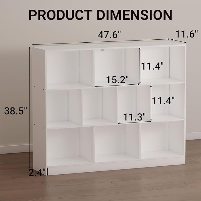 10-Cube Wooden Bookshelf with Base,3-Tier Freestanding Open Storage Organizer,Multi-Functional Bookcase for Living Room,Bedroom,Study and Office