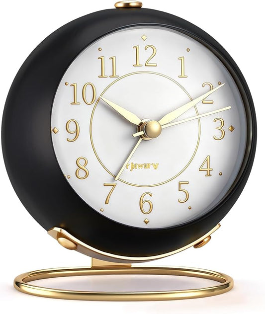 Metal Desk Alarm Clock, Retro Bedroom Table Vintage Analog Silent Non-Ticking Gold Alarm Clock, Bedside Decor(Black)