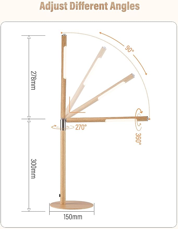 LED Desk Lamp, Home Office Eye Lamp, 3 Modes, Infinitely Adjustable Brightness, Metal, Multi-Angle Adjustment, Detachable Desk Lamp with USB (Wood Grain)