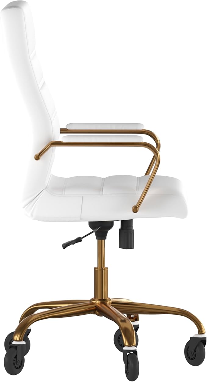 Flash Furniture Whitney High Back White LeatherSoft Executive Swivel Office Chair with Gold Frame, Arms, and Transparent Roller Wheels