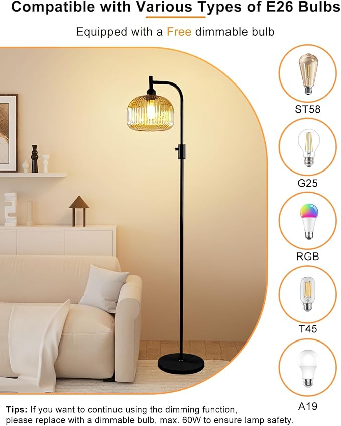 Lightdot 64IN Glass Floor Lamp for Living Room, Dimmable Modern Standing Lamps with Brown Ribbed Glass Shade, Industrial Floor Lamp with Bulb Included for Bedroom/Sofa Beside/Corner Decor-Black