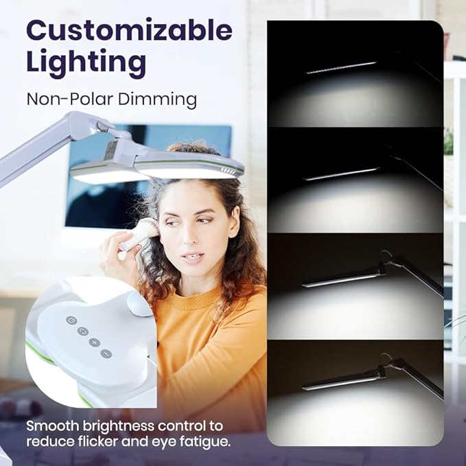 Neatfi Elite HD XL LED Desk Lamp | 3 Light Modes | Non-Polar Dimming | Eye-Caring Desk Light for Home Office, Drafting, Beauty Shop, Workbench (Green Ring, CCT with Clamp)