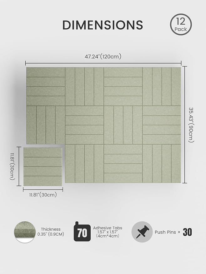 Bumusty Large Cork Board Alternative-48 x 36" Felt Bulletin Board Tiles, with 30 Pushpins, 70 Adhesive Tabs, 12-Pack Slat Wall Paneling, Cork Boards for Office Push Pin Board Felt Board-Sage