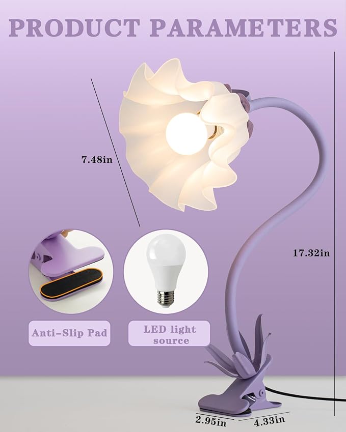 Flower Desk Lamp with Clamp - School Dorm Supplies, 3 Color Modes Flower Eye-Caring Clip on Light, Flexible Neck Reading Lamps for Home College Studying Room Bedside (Purple)