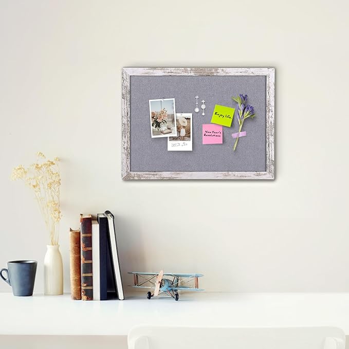 Gray Felt Bulletin Board, 17x13 inches Decorative Hanging Bulletin Boards for Walls with White Rustic Wood Frame, Pin Board Vision Board for Office Home School with Pins (4333,WH,1pc)