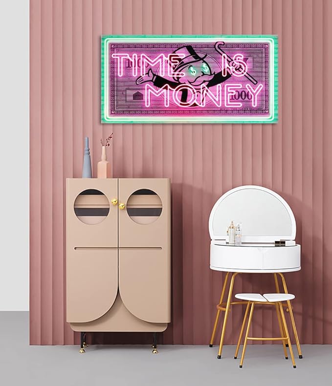Time Is Money Show me the Money Motivational Office Canvas Art Green Pink Inspirational Wall Art Canvas Print Home Office Room Decor Inspirational Framed Easy to Hang-48 inchx24 inch
