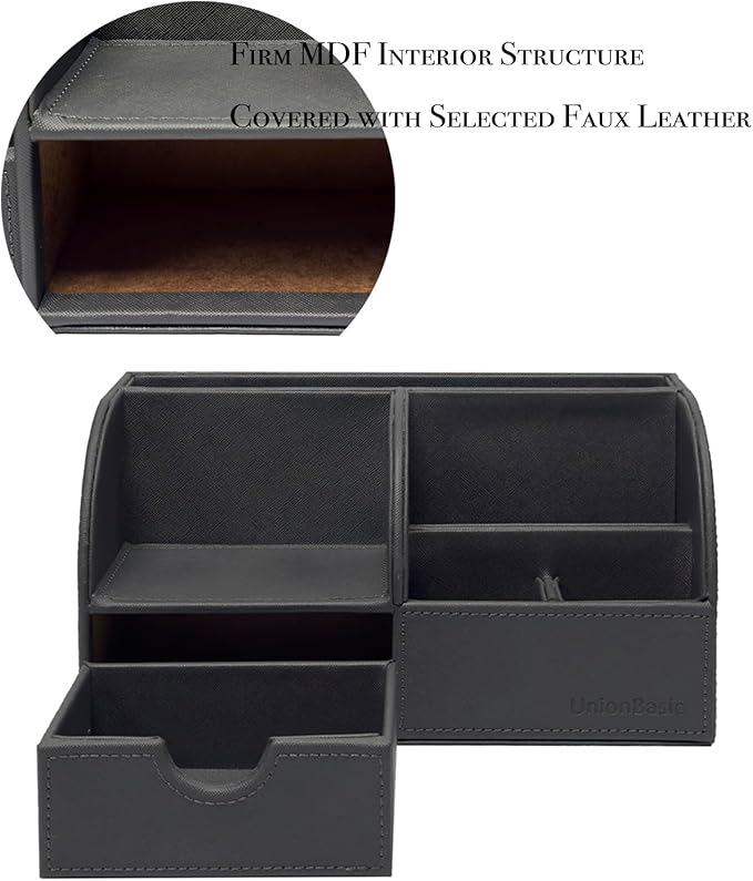 UnionBasic Desk Organizer - Multifunctional Leather Desktop Pen Holder Storage Box - Business Card/Pen/Pencil/Mobile Phone/Stationery Holder, Taiga Dark Gray