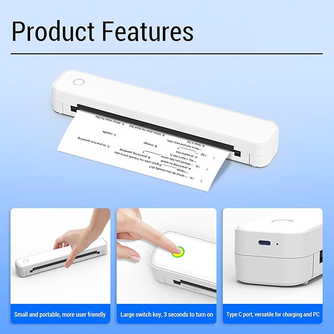 Hyuduo Portable Thermal Printer Inkless Printing Machine Compact Lightweight Mobile Travel Printer for Home Office School with 203DPI Resolution USB C Connectivity
