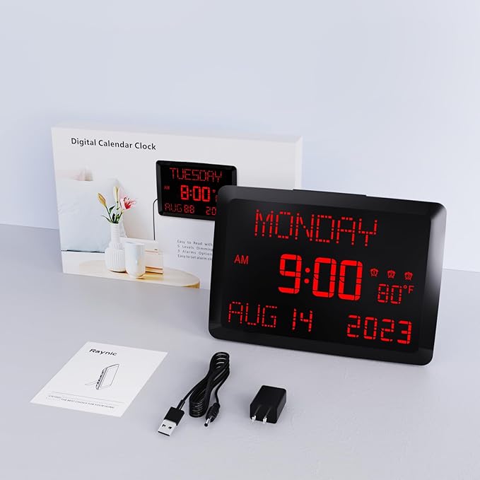 Raynic Digital Clock, 11.5" Large Display Digital Calendar Clock with Day and Date, Indoor Temperature, Adjustable Brightness, Snooze,12/24H, DST for Home, Office, Elderly