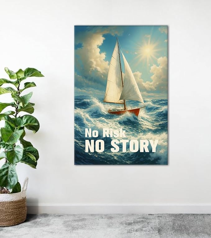 Bold Adventure Wall Art - Nautical No Risk No Story Canvas Print, Motivational Quotes Wall Decor, Inspirational Sailboat Picture Encouraging Poster Modern Artwork for Office Home, Framed 28"x44"