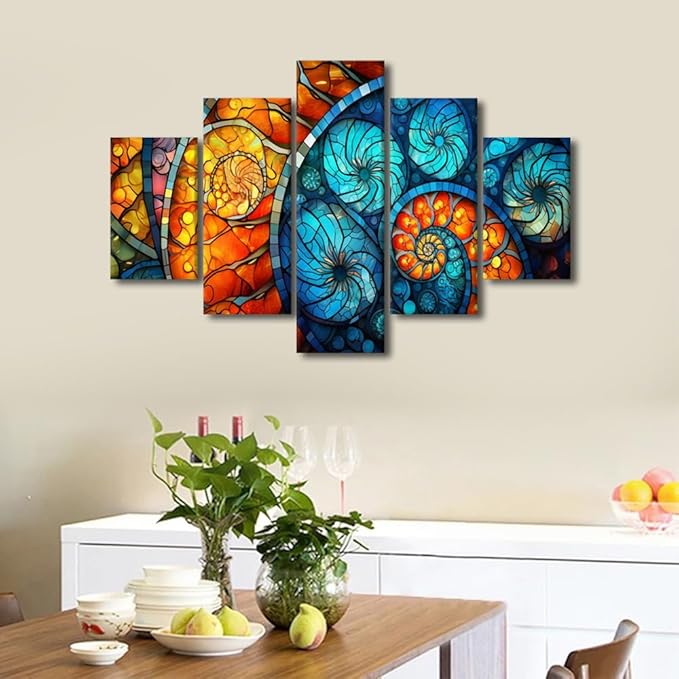 Abstract Wall Art Modern Stained Glass Window Pattern Canvas Art 5 Panel Home Wall Decor for Men Lady Living Room Bedroom Office Wall Canvas Art Decor Stretched and Framed Ready to Hang 60x40 in