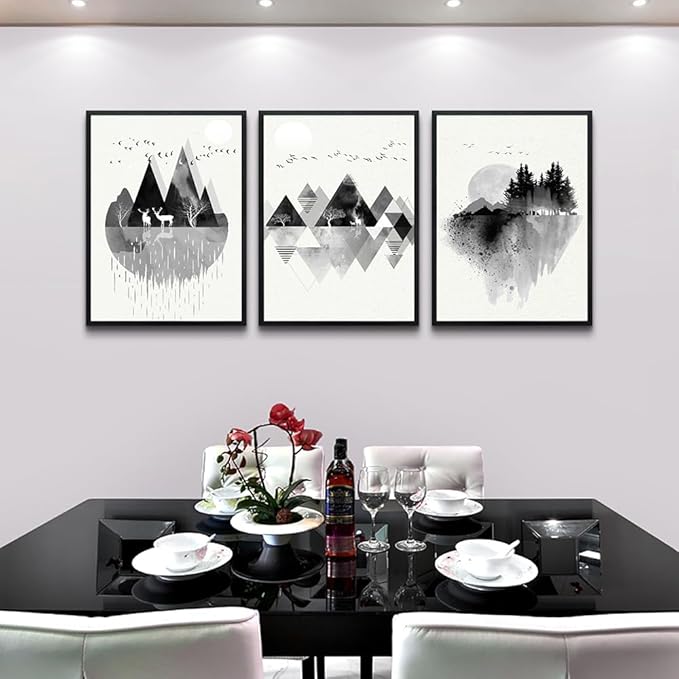 Hyidecorart Black Framed Wall Art - Large Abstract Geometric Painting - 3 Piece Framed Prints for Living Room, Bedroom & Office Decor