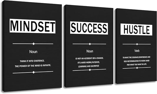 3 Pieces Inspirational Posters Wall Art Motivational Mindset Success Hustle Quotes Print on Canvas Positive Energy Painting for Modern Home Living Room Gym School Artwork Ready to Hang [60''Wx28''H]