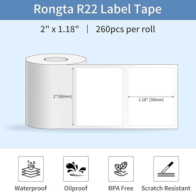 Rongta 2 Inch Label Maker Machine with Tape, Thermal Label Printer Easy Use for Office, Home, Business, 2'' x1.18'' Labels-260pcs/Roll, R22+Tape