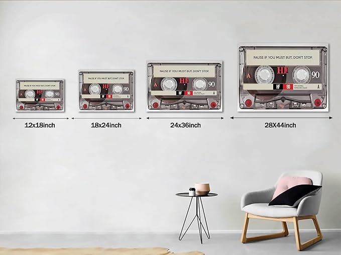 Pause If You Must but Don't Stop Positive Quotes Posters and Prints Inspirational Canvas Wall Art Retro MUSIC LOVER TAPE Artwork Motivational Home Office Decor, Framed 16" Wx12 H
