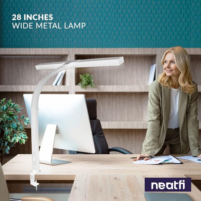 Neatfi 3,000 Lumens LED Desk Lamp with Clamp | Dimmable | 5 Brightness Levels & 5 Light Modes | Memory Function | Eye-Caring Flexible Lamp for Home & Office (28 Inches, White)