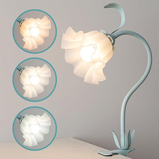 Flower Lamp Clip on Light, 3 Color Modes Eye-Caring Desk Lamp with Clamp, Dorm Room Essentials, Flexible Neck Reading Clamp Lamps for College Bedside Bookshelf Studying Room (Powder Blue)