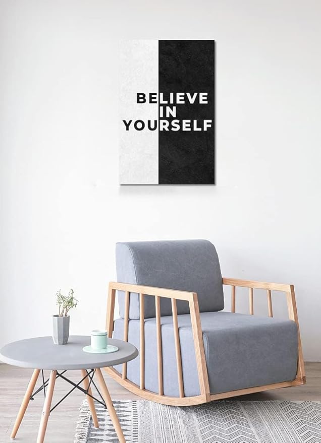 Modern Home Decor Motivational Phrase Believe in Yourself Minimalism Poster Canvas Wall Art Picture Black White Nordic Art for Office Home Canvas Paintings Framed Ready to Hang-12 inch x 16 inch