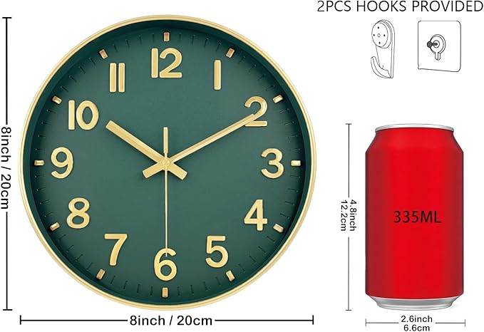 Wall Clock, 8 Inch Wall Clocks Battery Operated, Modern Non Ticking Silent Digital Analog Small Wall Clock for Bedroom Living Room Kitchen Office Gym Classroom Outdoor Clocks, Gold Green
