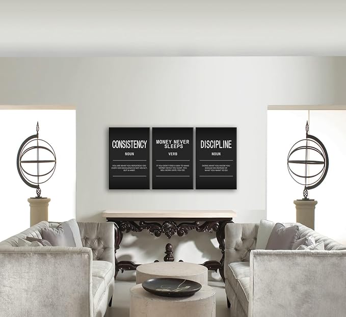 Inspirational Canvas Office Print Wall Art Consistency Discipline Noun Motivational Picture Money Never Sleeps Verb Poster Painting Inspiring Artwork Home Office Living Room Wall Decor[48" W X 24" H]