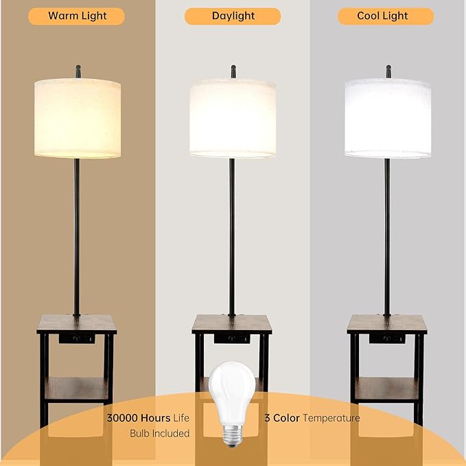 Floor Lamp with Table, Narrow Side Table with Fabric Basket, USB-A/USB-C Charging Station and AC Port, 3 Color Temperatures 12W LED Bulb, End Table for Bedroom, Living Room and Home Office, Brown