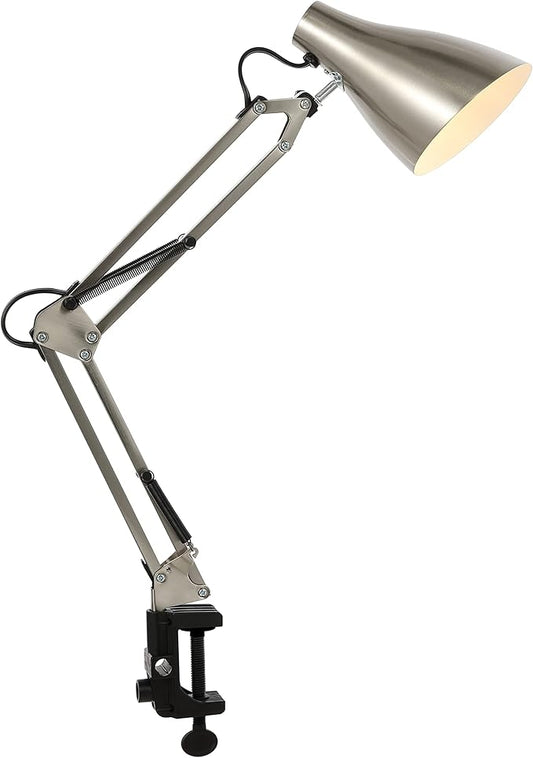 JONATHAN Y 28.5" Nickel Odile Industrial Adjustable Clamp-On LED Task Lamp with Metal Shade, Vintage Articulated Desk Lamp for Home Office Studio, LED Bulb Included (JYL7125B)