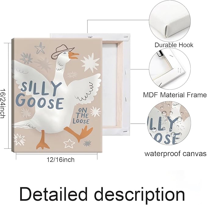 MJONG Funny Nursery Wall Art, Cowboy Silly Goose on the Loose Canvas Prints, Cute Farm Animal Country Wall Decor for Kids Bedroom or Playroom, Rustic Farmhouse Artwork – 12x16in