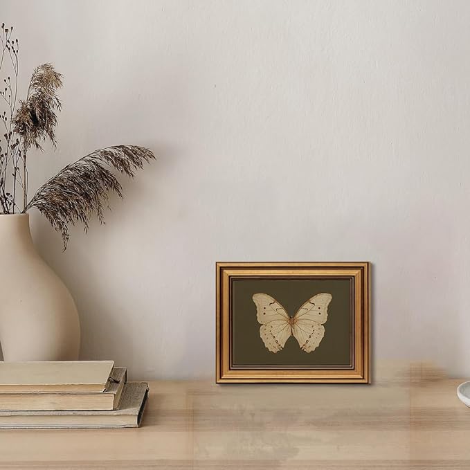 Gold Framed Wall Art Vintage Butterfly Canvas Wall Art White Butterfly Moody Insect Artwork Prints Picture for Living Room Bedroom Farmhouse Bathroom Office Decor, 8x10