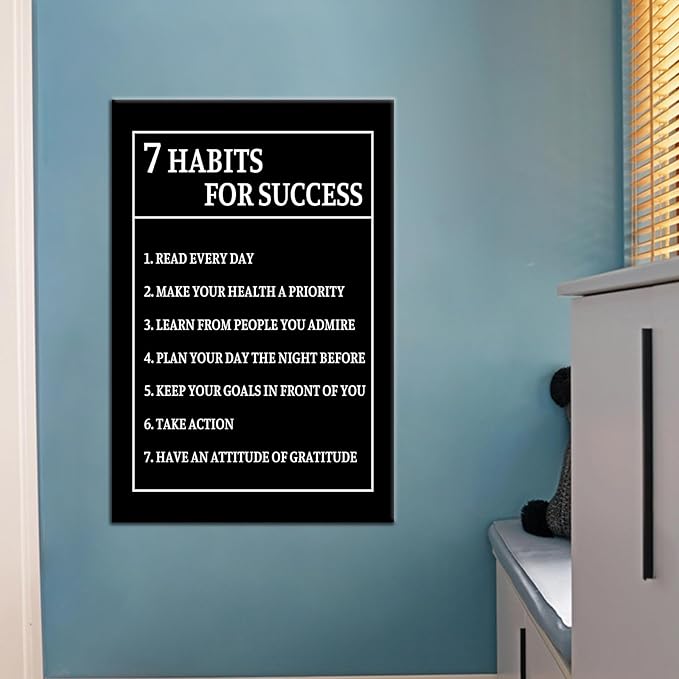Motivational Wall Art for Office Decor 7 Habits for Success Inspiring Poster Inspirational Picture Print Artwork for Modern Home Office Gym Wall Decor Stretch and Framed [24''Wx36''H]