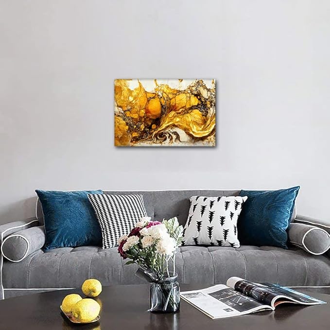 Abstract Canvas Art Decor 1 Panel Modern Native Americans Home Wall Art Gold and White Marble Art Poster Printing Dilettante Living Room Bedroom Restaurant Wall Decor Stretched Ready to Hang 18x12 in