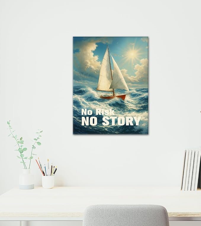 Exploration Motivation Wall Art - No Risk No Story Sailboat Canvas Print, Uplifting Nautical Picture Inspirational Quote Wall Decor, Adventure Artwork for Office Living Room Home, Framed 18"x24"
