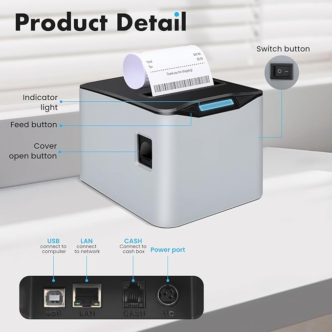 NUCOUN Thermal Receipt Printer, 80mm USB POS Printer,Auto Cutter, Support Cash Drawer, Support Windows/Mac/Linux, Do Not Square, Printer for Home Office Restaurant