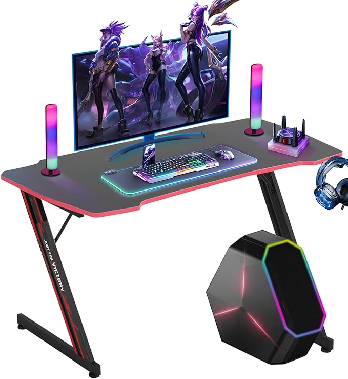 47 in Z-Shaped Home Computer Desk with Hook - Large Gaming Table for Work & Study, PC Gaming Workstation with Carbon Fiber Surface, Sturdy Metal Frame, Stable and Durable, Red