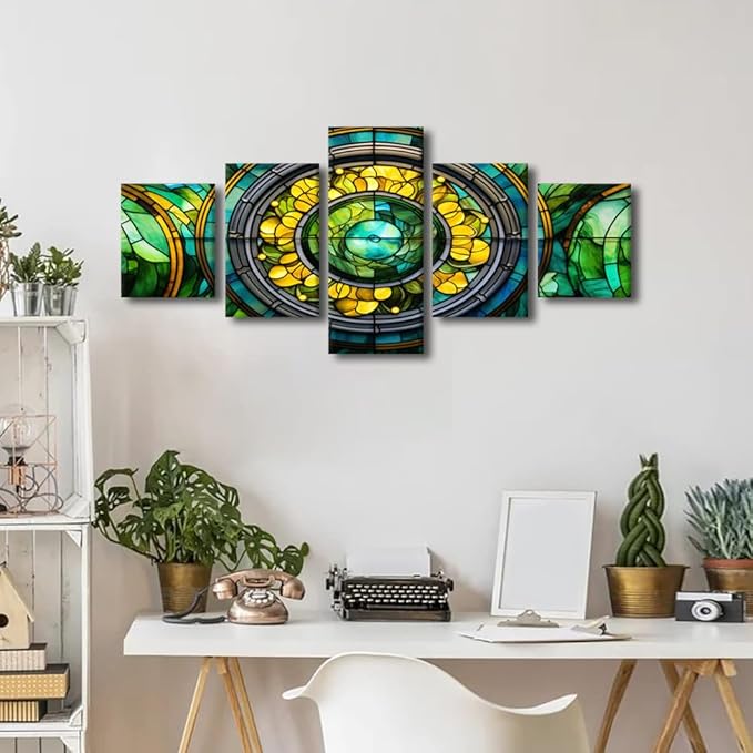 Canvas Wall Art Modern Stained Glass Painting Artwork Prints Green Yellow Brown Blue Colors Poster 5 Panel Canvas Art Decor for Men Lady Living Room Decor Stretched and Framed Ready to Hang 50x24 in