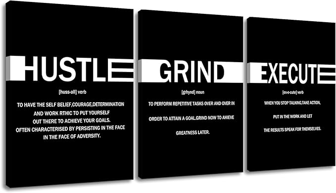 Inspirational Canvas Wall Art Motivational Hustle Grind Execute Print Poster Positive Entrepreneur Quotes Picture Painting Wall Decor for Home Bedroom Office Artwork Ready to Hang [36''Wx16''H]