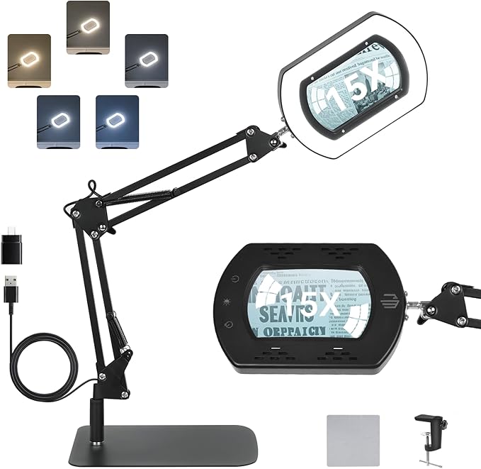LIWEGHT 15x Square Magnifying Glass with Light and Stand, 5 Color Stepless Dimmable 2-in-1 Magnifier Desk Lamp & Clamp, Hands-Free Magnifying Glass for Reading Craft Work (Timer Function)