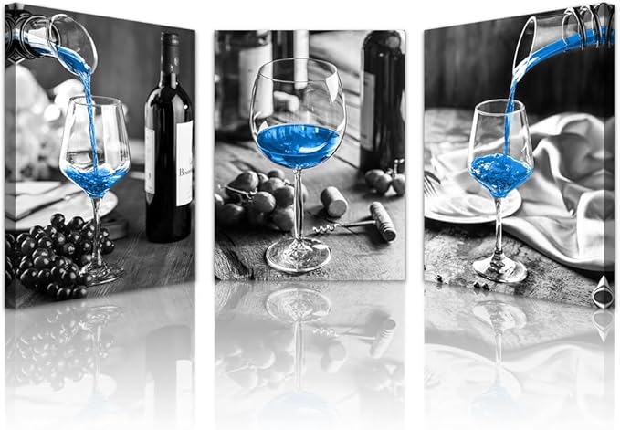 Lapremoly Blue Wine Wall Art Prints - 3 Pieces Canvas Art for Kitchen, Dining Room, Bar, Restaurant - Modern Inspiration Wall Decor with Black and White Wine Glasses Theme