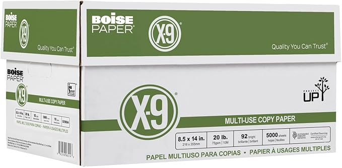 Boise® X-9® Multi-Use Printer & Copy Paper, 10 Reams, White, Legal (8.5" x 14"), 5000 Sheets Per Case, 20 Lb, 92 Brightn