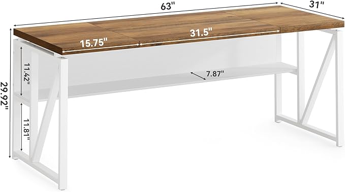 LITTLE TREE 63-Inch Executive Office Desk, Large Computer Desk with Storage Shelf, Executive Desk with Metal Frame, Thickened Desktop, Study Writing Desk Work Station for Home Office, Rustic + White