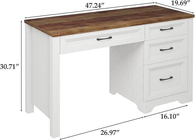 Farmhouse Executive Desk with Drawers, Wood Computer Desk with Ample File Drawer, Rustic Home Office Desk with Storage for Bedroom, Living Room, White