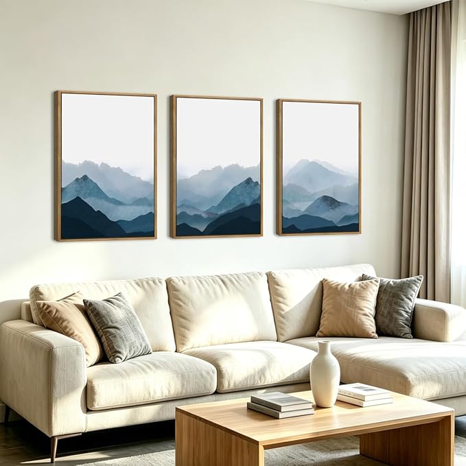 BINCUE Large Blue Mountain Wall Art Blue Minimalist Wall Decor Fog Blue Ridge Mountains Artwork 24x36 Inches Minimalist Landscape Paintings Framed Mountains Art Large Landscape Artwork for Living Room Bedroom Office Set of 3